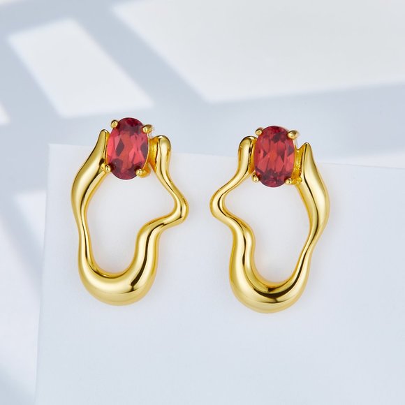 NEW 18K gold plated sterling silver earrings,natural red garnet,gemstone,stylish - Picture 3 of 13